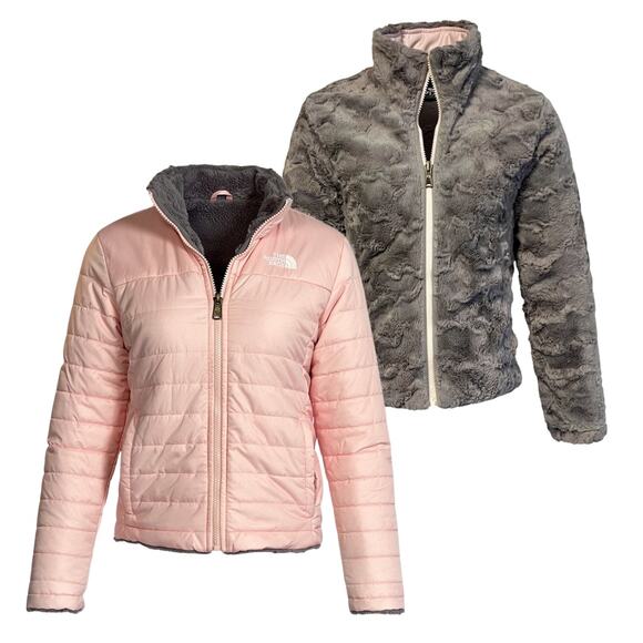 North Face Reversible Mossbud Swirl Jacket Girls M Fits Women XS Pink/Fur - Picture 1 of 15